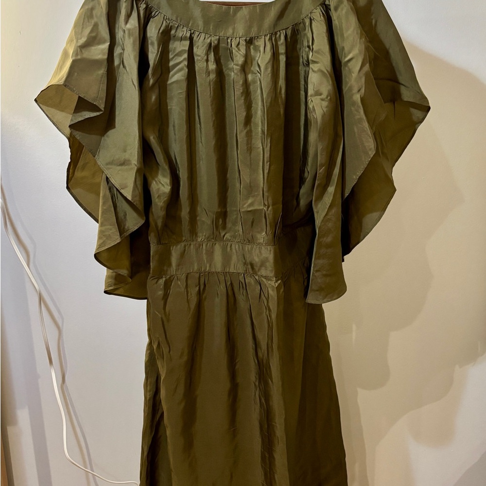 Elegant Olive Green embellished Sleeve Dress (US size 6) 100% silk